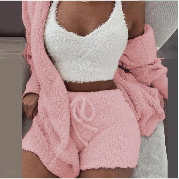 
Fashion Women Winter Sleepwear Pajama Sets Solid Plush Hooded Vest Robe Shorts Sleepwear 