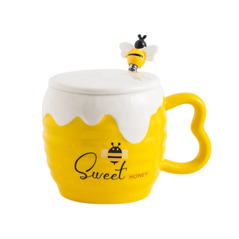 Creative ceramic mug with lid cartoon cute bee cup office coffee  practical advertising gift water cup