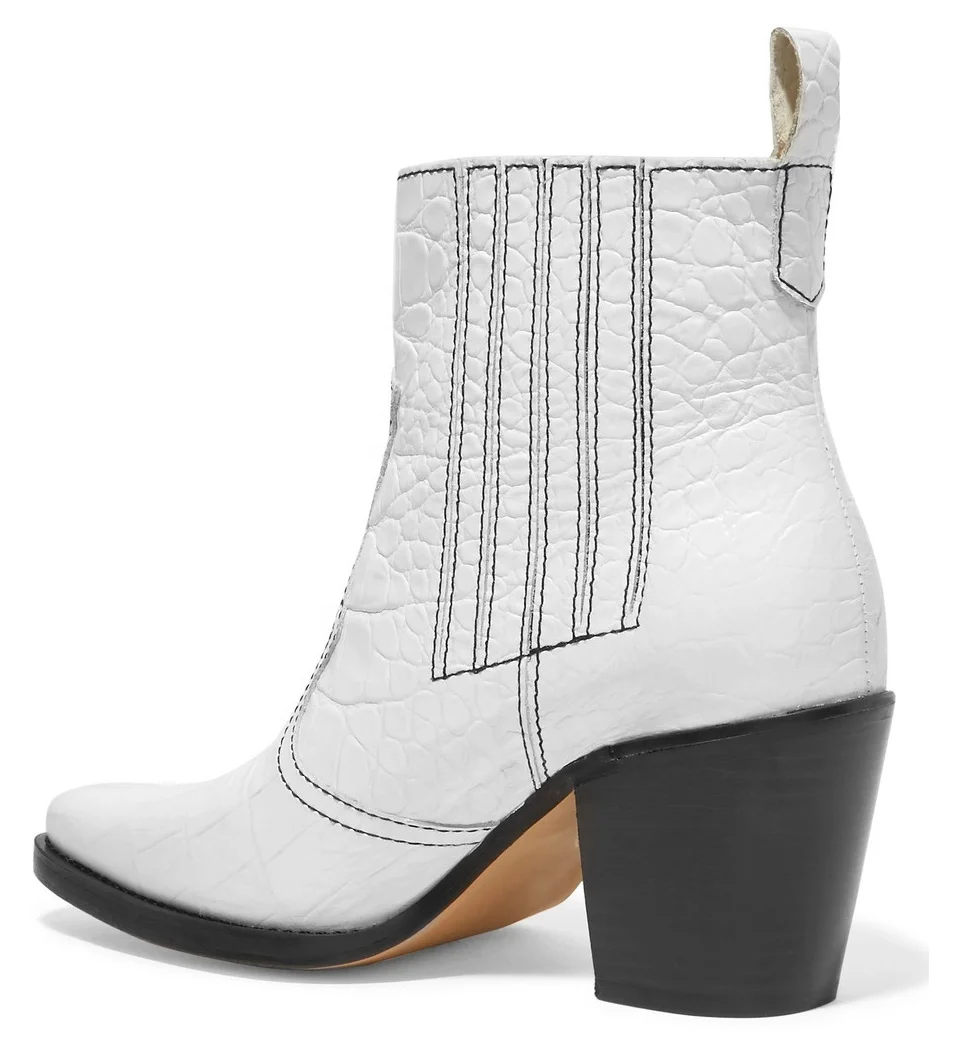 2019 Ladies Block Heel White Slip on Mid Heel Short Red Patent Square Toe Texas Ankle Boots Brown Crocodile Print Cowboy Booties