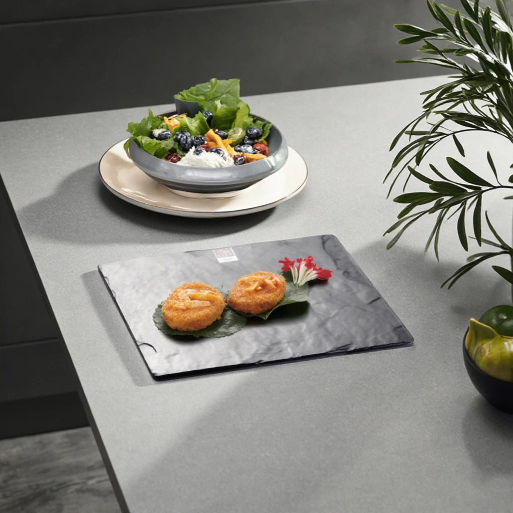 Hot Sale 100% Melamine Square Black Slate Stone Plate