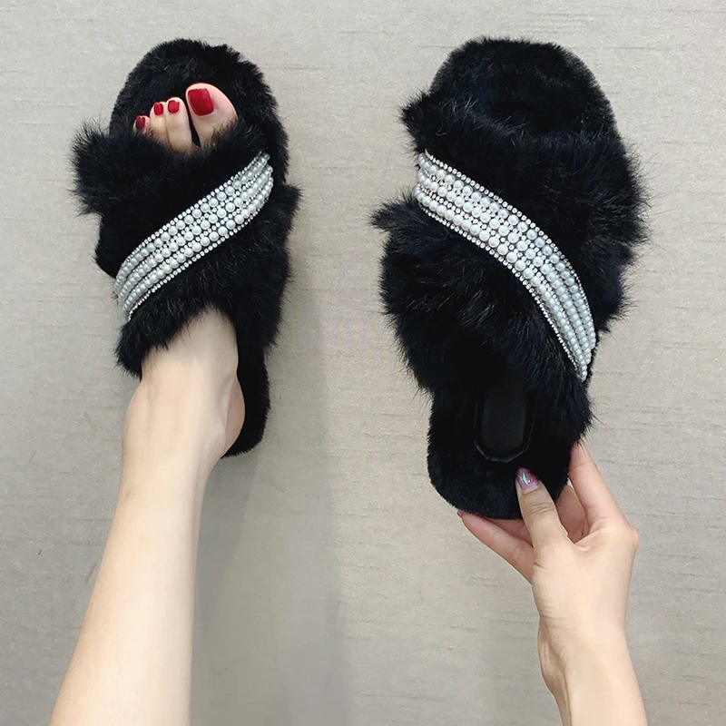 Pearl and  rhinestone flat fur slippers for women