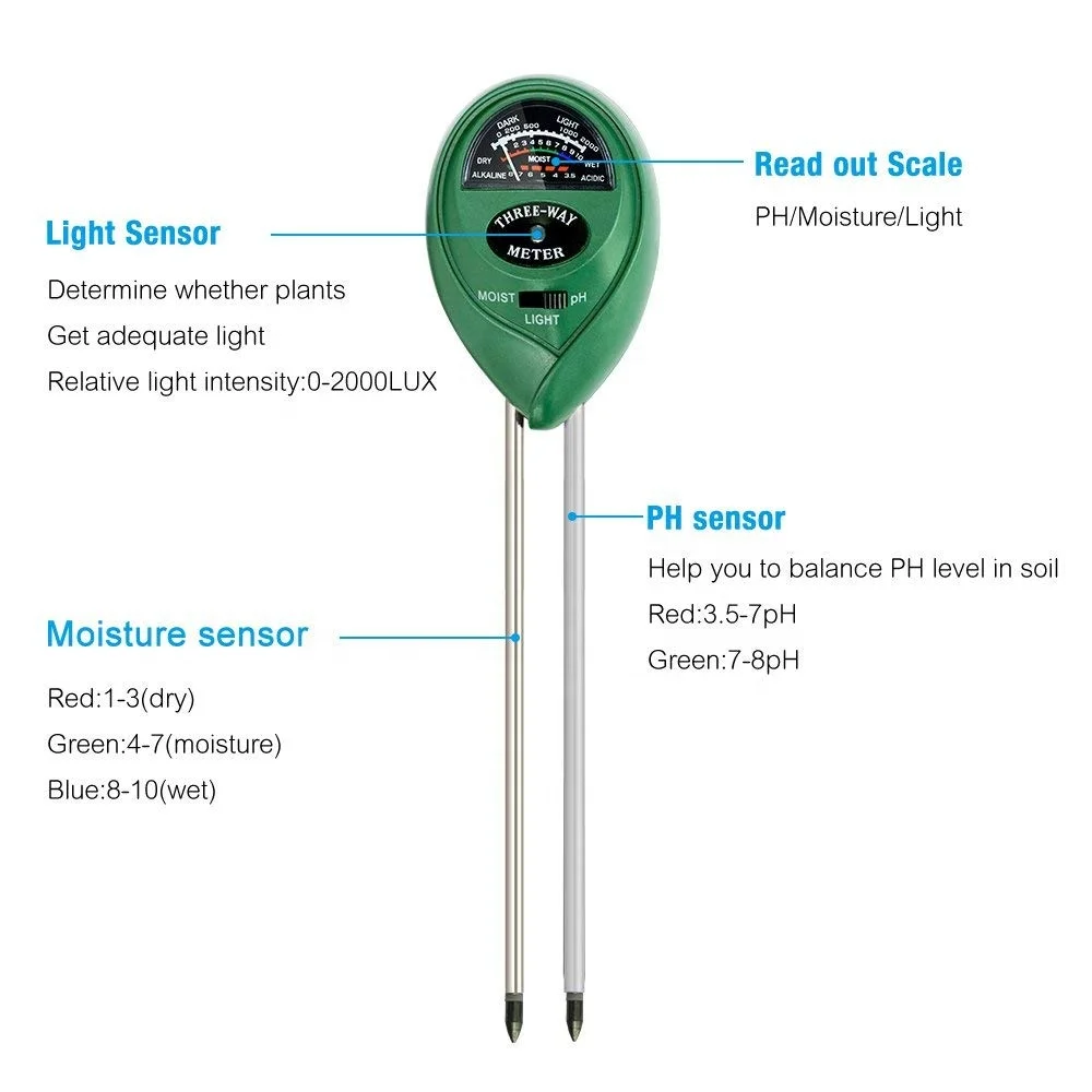 High Quality Portable 3 In 1 gardening plant flowerpot tester soil moisture meter/PH Meter/illuminance meter
