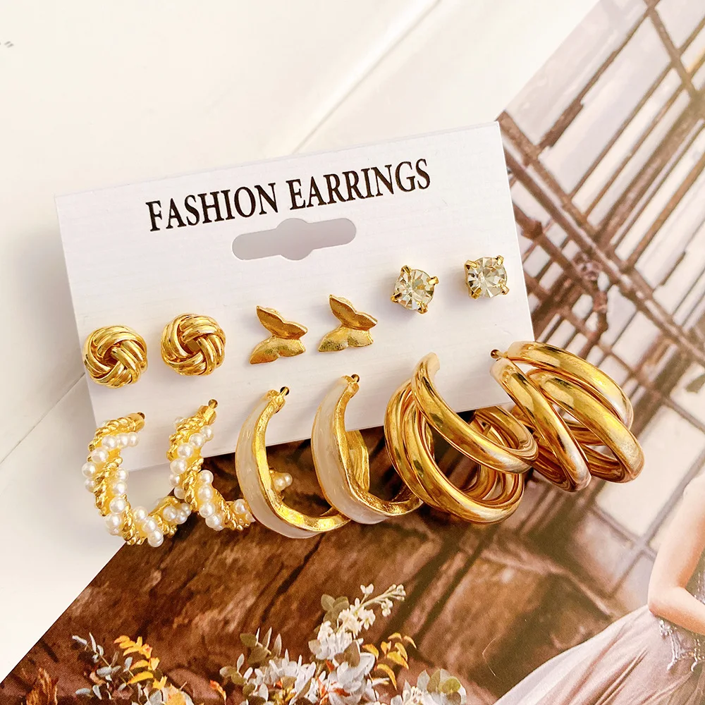 Women Creative Personalized Geometric Circle Hoop Earring Alloy Jewelry Accessories Vintage Pear Earrings Set