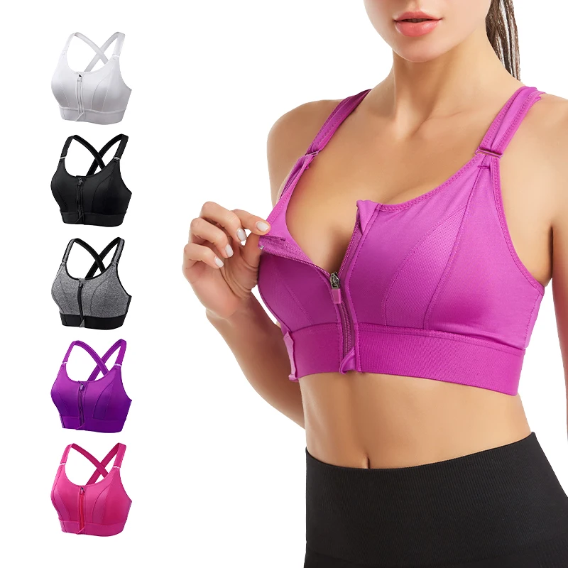Women Fitness Yoga Wear High Impact Sports Bra With Front Zipper Gym Adjustable Bra