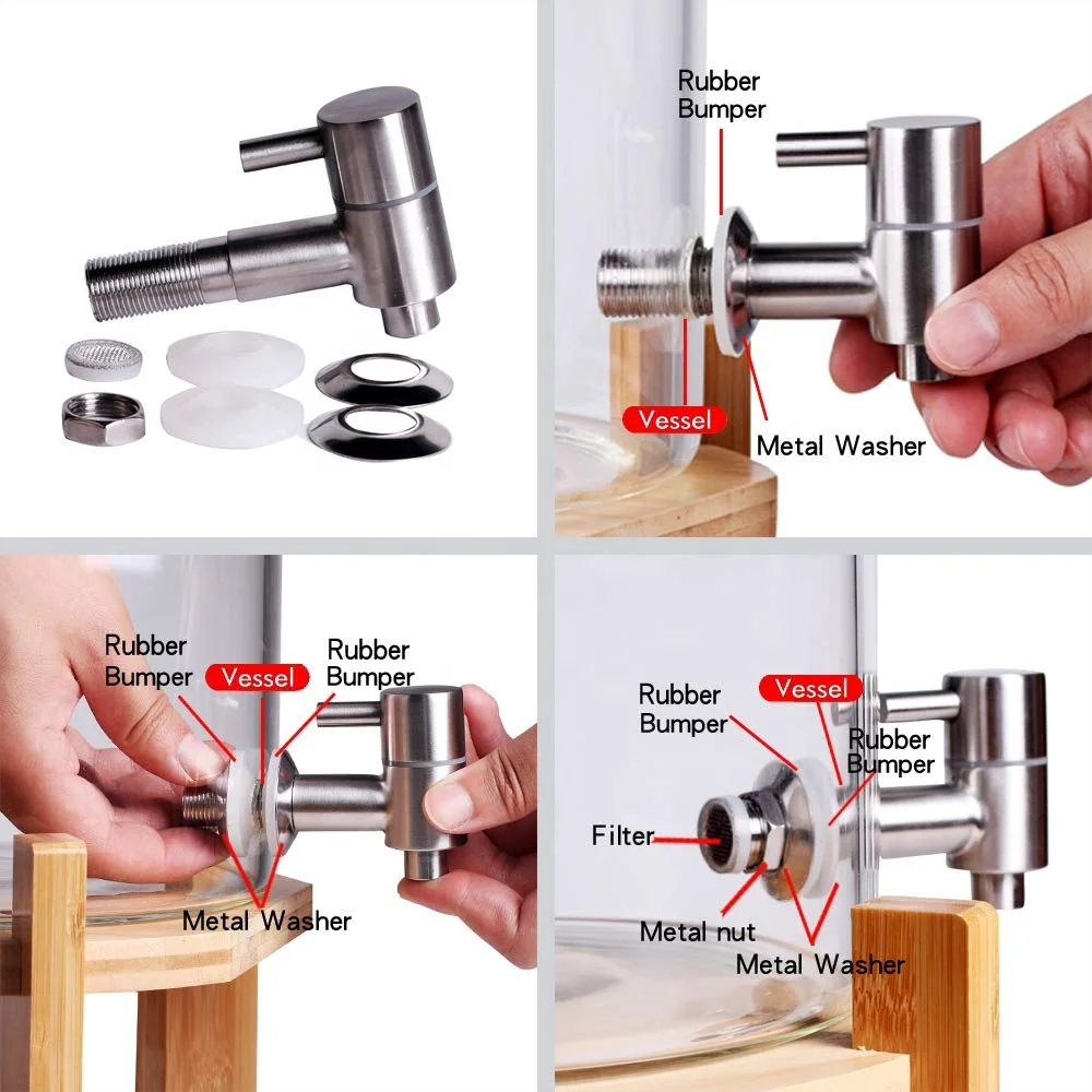 Borosilicate Glass Drink Dispenser on Wooden Stand with Airtight Bamboo Lid and Stainless Steel Spigot