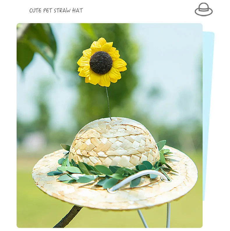 Dog Bucket Hat for Pet Protective Cats Hat Handwoven Straw Cap with Bamboo-Dragonfly for Small Pet Female Costume Accessories