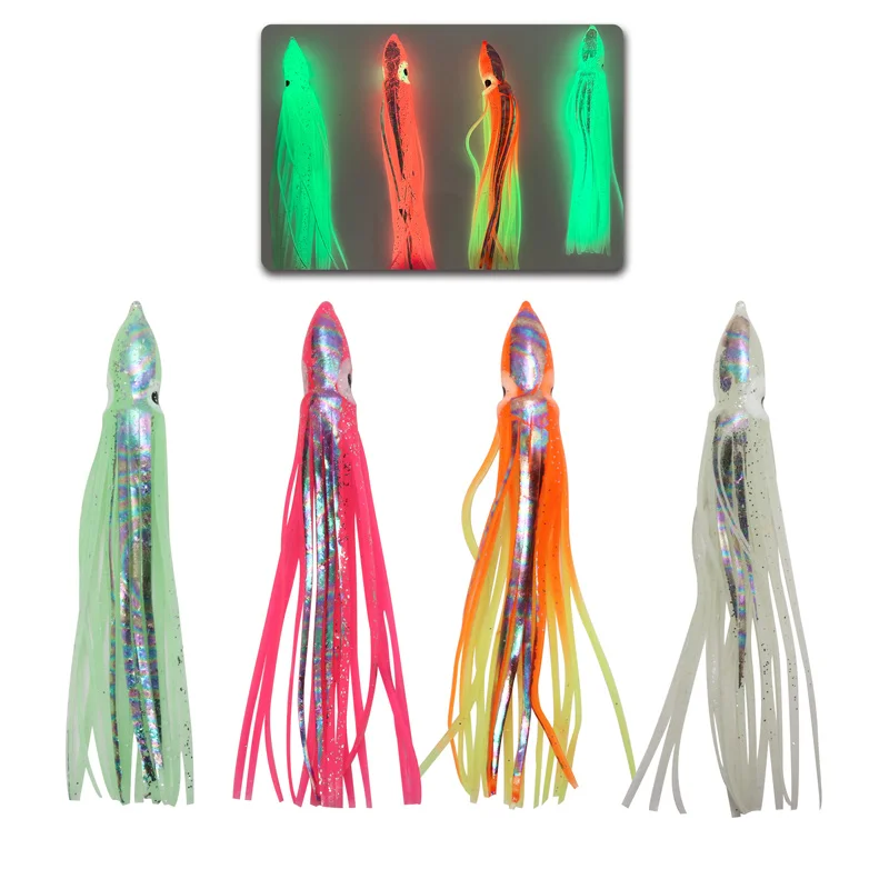 Customized 80mm 100mm 120mm Soft Bait Fishing Hook Trolling Lure for Lake and Stream with Octopus Skirts and Luminous Squids