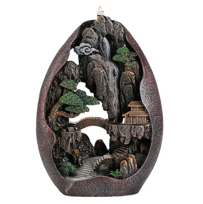 Home Decoration Mountain Back flow Incense Burner Holder Smoke Waterfall Resin Censer Aroma Burner