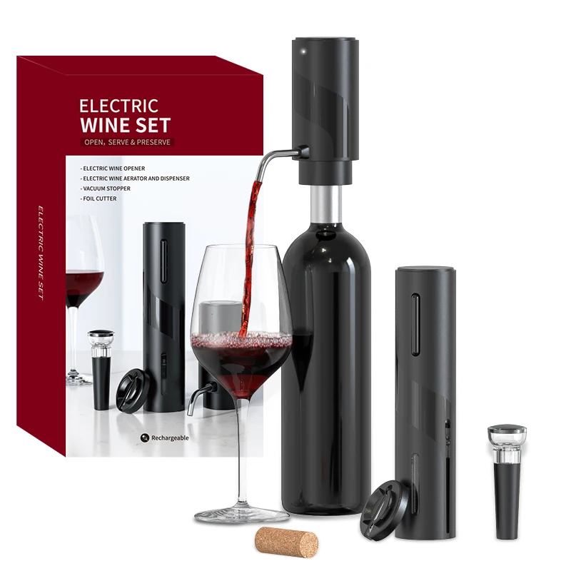 Good Price 4in1 USB Rechargeable Wine Opener Set Black Electric Wine Aerator Pourer with Stopper