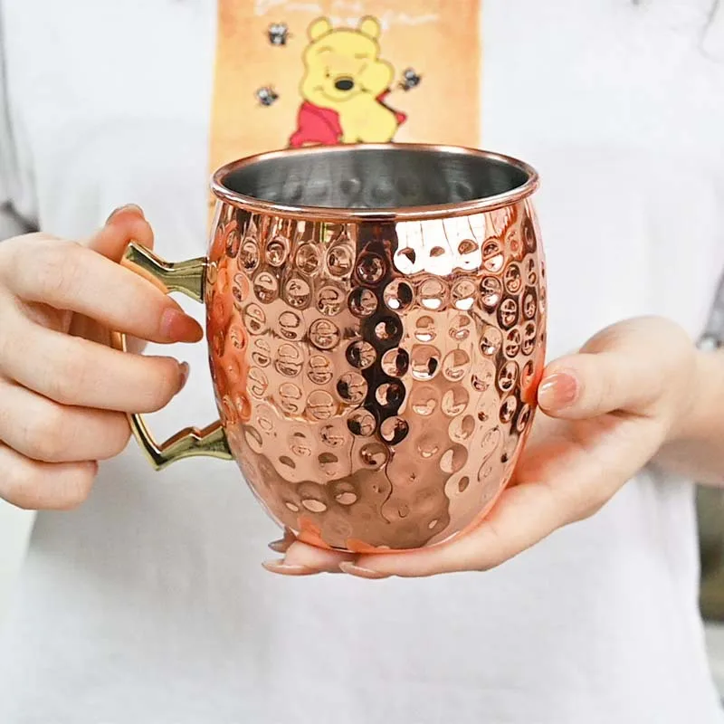 Factory Direct Customized Classic Pure Copper Plating Moscow Mule Mug Stainless Steel Lining Hammered Ovaloid Cup 500ml/17oz