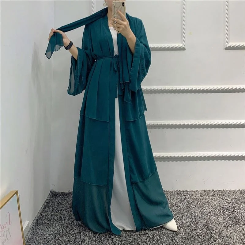 2022 New Arab Dubai 3 Layers Open Abaya Islamic Dresses Dubai Muslim Abaya Modern Islamic Front Open 3 Layers Abaya
