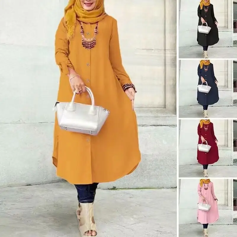2024 Eid New Arrival Muslim Dubai Solid Color Wooden Button Cuffs Bowknot Long Shirt Dress Casual Women Abaya Shirt Dresses