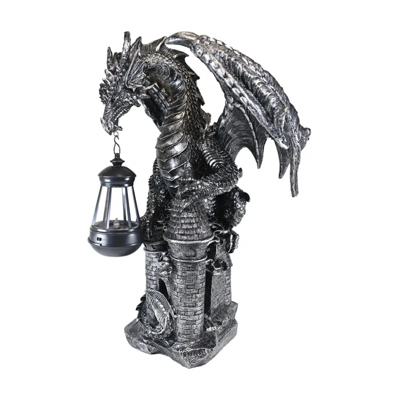 Polyresin fiberglass Dark Beacon Dragon Guardian of Styx Castle Gate Statue with Solar LED Light