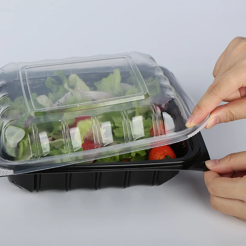 Double Color Pro-View 3 Compartment Anti Fog 9 Inch  Heavy Duty PP Clamshell Container With Clear Vented Lid And Black Base