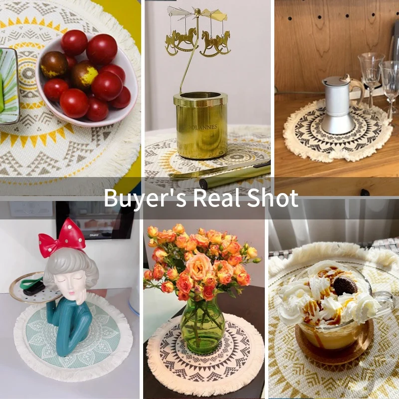 Wholesale wedding boho woven printed round dining placemats set with coaster bohemian woven round table placemats