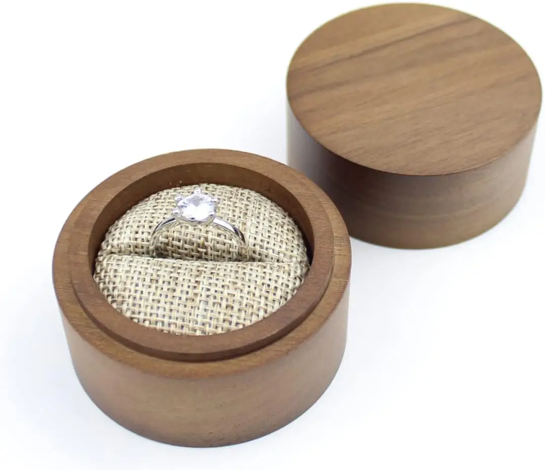 Rustic Walnut Wooden Engagement Ring Box, Solid Wood Round Ring Box for Proposal Wedding Ring Storage
