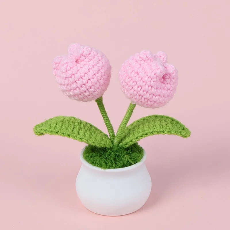 H132 Hand-woven Finished Simulation Flowers Double-headed Tulips Potted Plants Home Decoration Desktop Ornaments Woolen Flowers