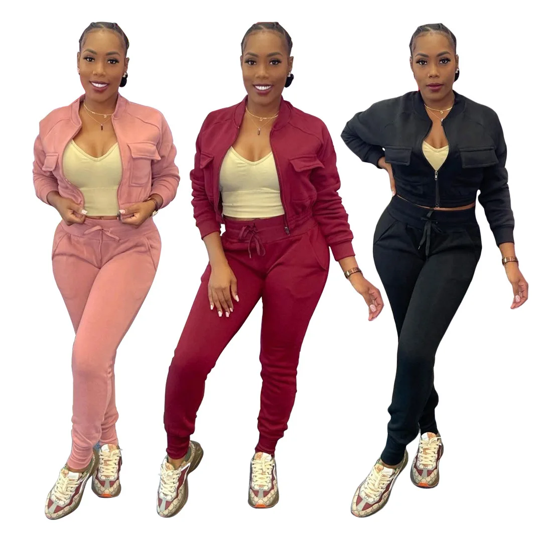 Streetwear Ladies Cute Pockets Crop Top 2 Piece Set Winter Boutique Clothing Women Sweatsuit Set Tracksuit