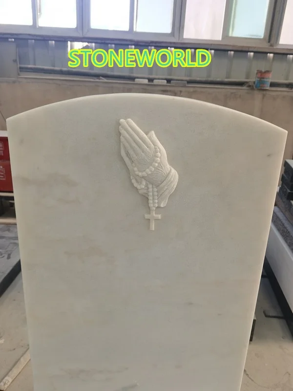 Popular UK Praying Hands Headstone Hunan White Marble Oval with Carving Base Bored Vase
