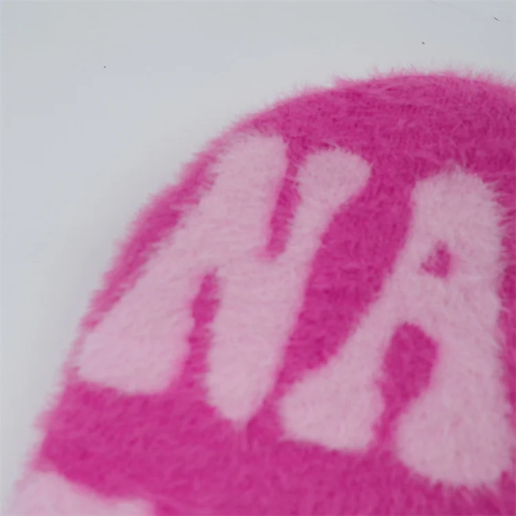 OEM Popular Style Unisex Girls Pink Colorful  mohair Winter Hats Custom Jacquard Toque Knit beanie