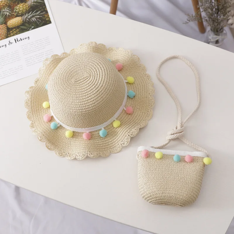 Children wholesale beach summer kids unisex paper straw hat and bag set