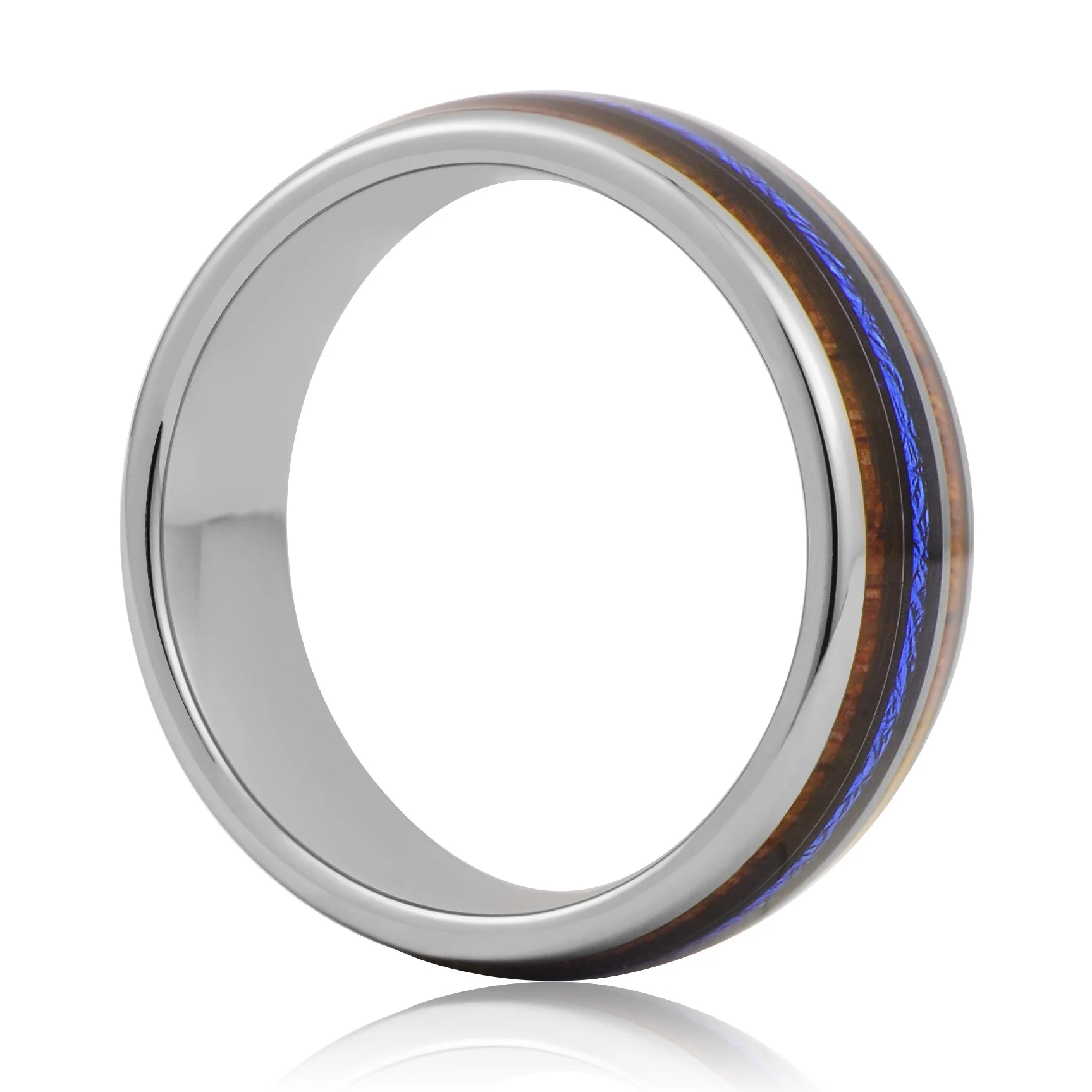 Hawaiian Custom Wood and Blue Meteorite Inlay Tungsten Rings