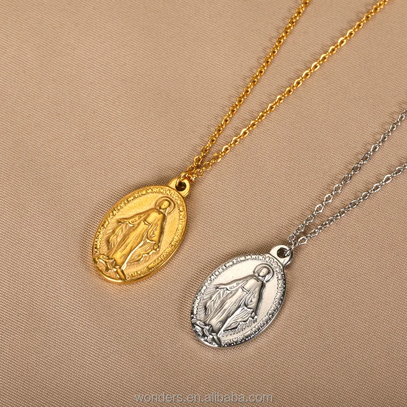 Stainless Steel Cross Two Sides Faith Jesus Catholic Coin Pendant Necklace For Women Men Church Jewelry