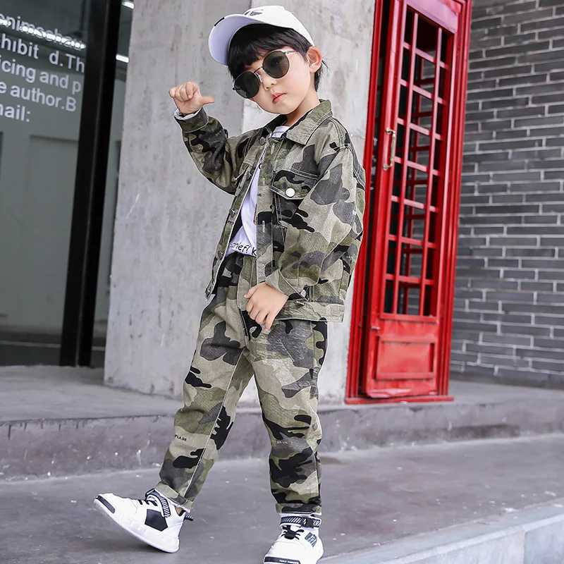 DRXBNZ2007B410 осеннее Новое поступление джинсовая одежда для мальчиков комплект камуфляжной детской одежды в стиле хип-хоп детские куртки и джинсы