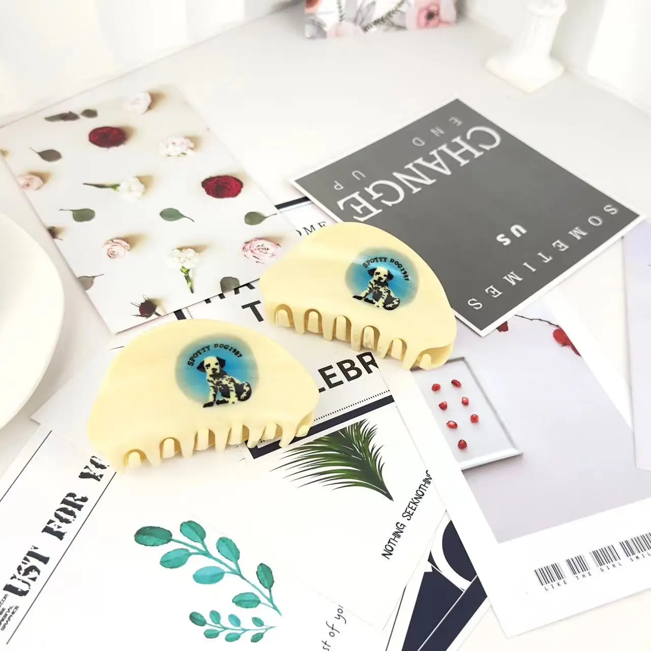 Vintage Acetate Half round Dog Print Hairpin Spotted Dog Grab Clip for Girls Back Hair Accessories