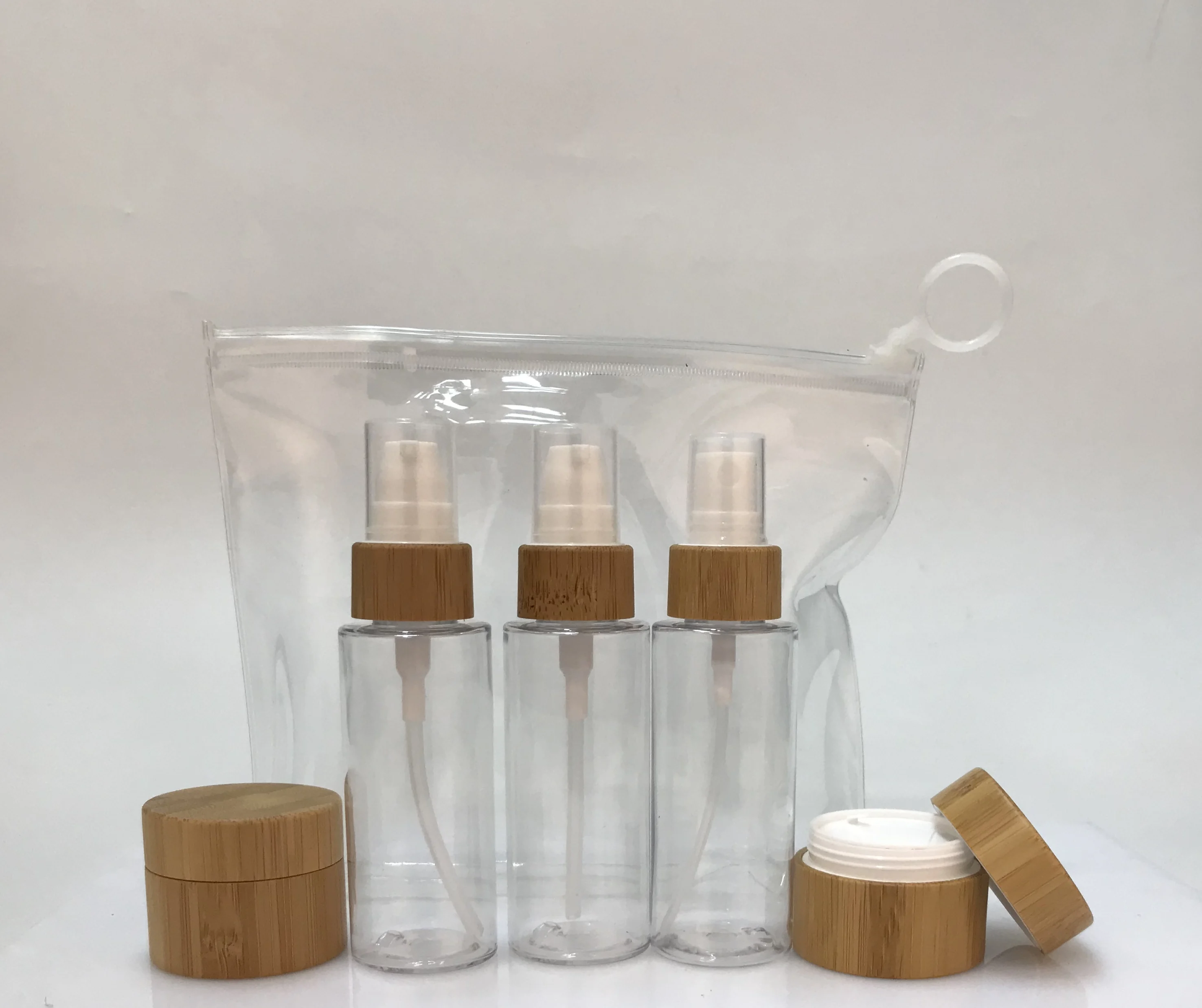 
PET bamboo spray bottles packaging travel set cosmetic travel bottle and jar 