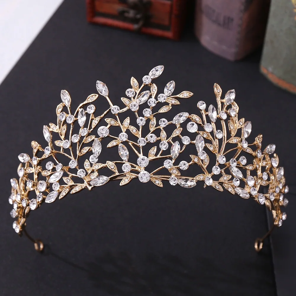 Western full leaves crystals bridal wedding crown headdress Girl princess crown rhinestone alloy hair accessories crown tiaras