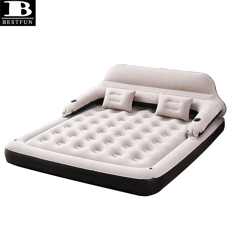 downy flocked PVC king size air mattress sofa bed inflatable couch airbed with soft pillows for camping home travel tent picnic