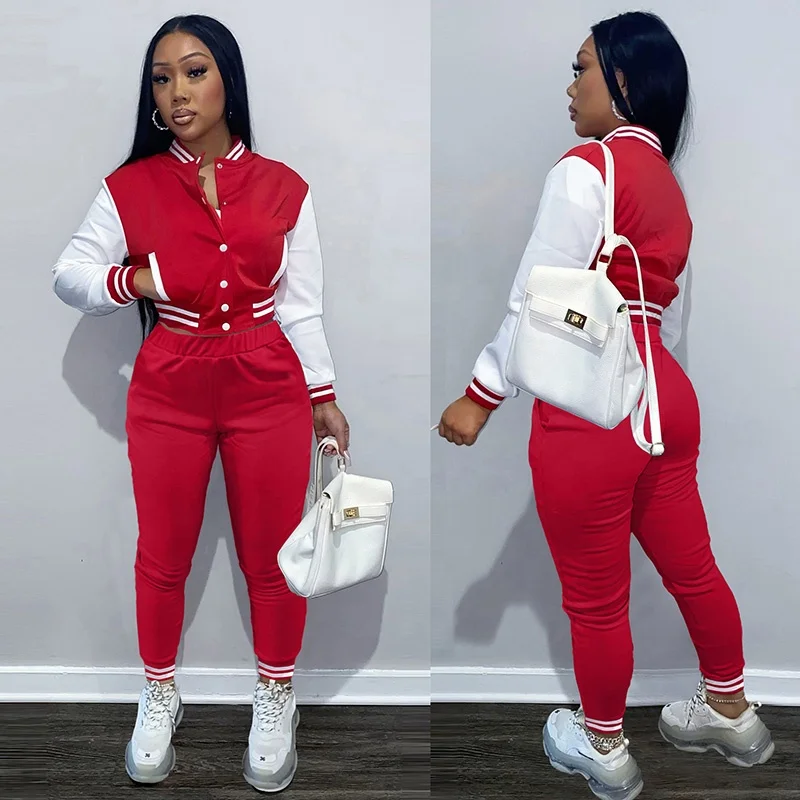 Womens Two Piece Sets Baseball Uniform Letterman Varsity Jacket Pants Suit Matching Streetwear Patchwork Sweatsuit Tracksuits