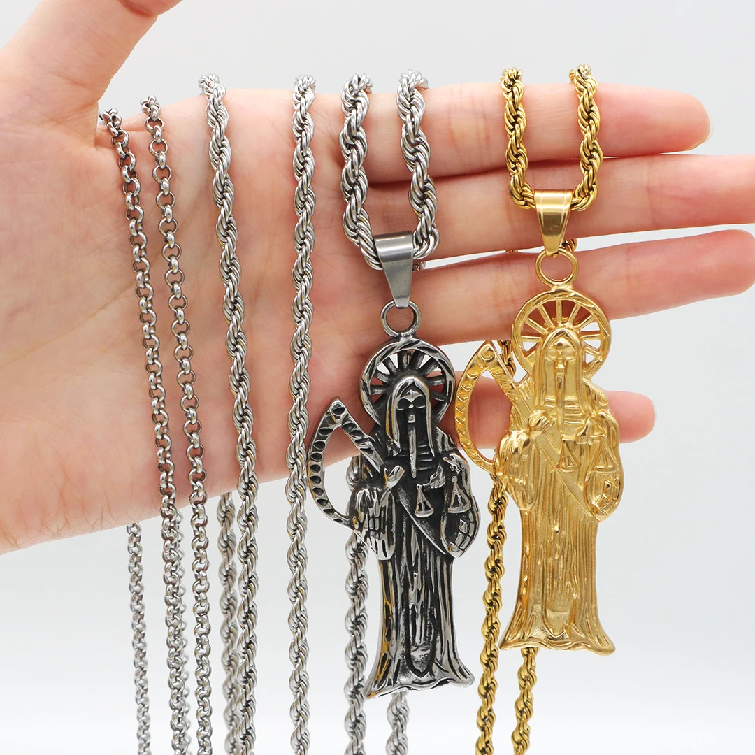 Custom Jewelry Holy death charm pendant necklace Chain Gold Plated Saint Death Unisex Religious pendant Stainless Steel necklace