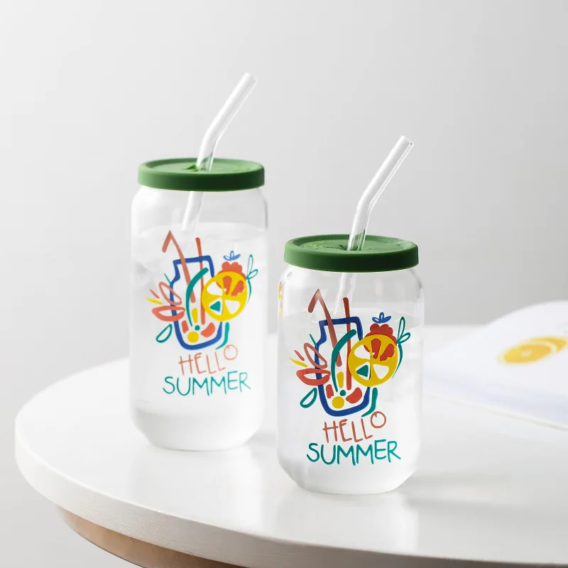 Samlife Hot Sale 12oz 16oz High Borosilicate Can Style Shape Drinking Beer Glass Cup with lid and straw