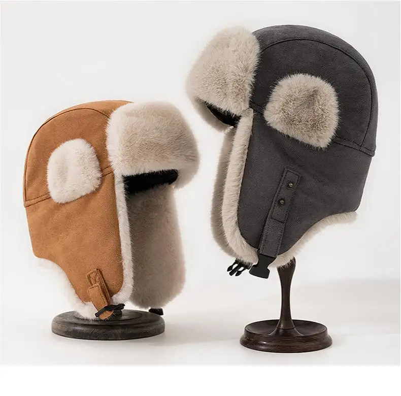 Winter Fleece Trapper Brim Ear Flap Ski Snow Hats Rabbit Fur  Russian Hat Thicken Windproof Polyester Hunter Hat for Women