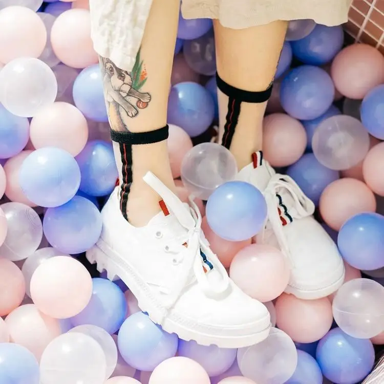 Spring Summer Sexy Colored Dots Wave Stripe Letter Sheer Ladies Transparent Socks