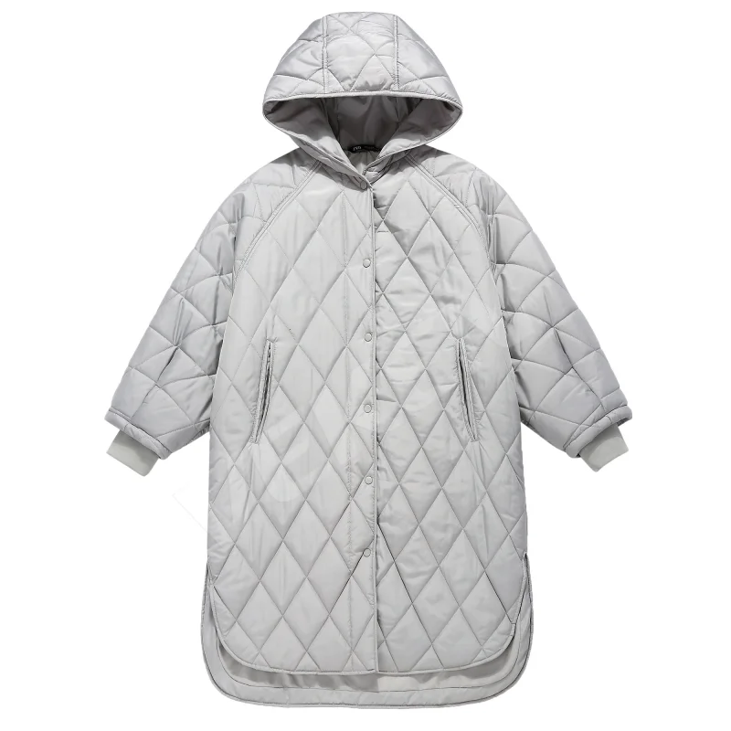 Customizable Grey Color Warm Waterproof Nylon Material Winter Clothes Wear Hoodie Women Puffer Jacket Oversized Long Coat
