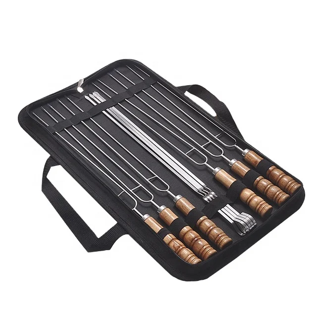 10pcs BBQ Forks Stainless Steel Barbecue Stick bbq Needle Skewers Wooden Handle BBQ Tools with bag