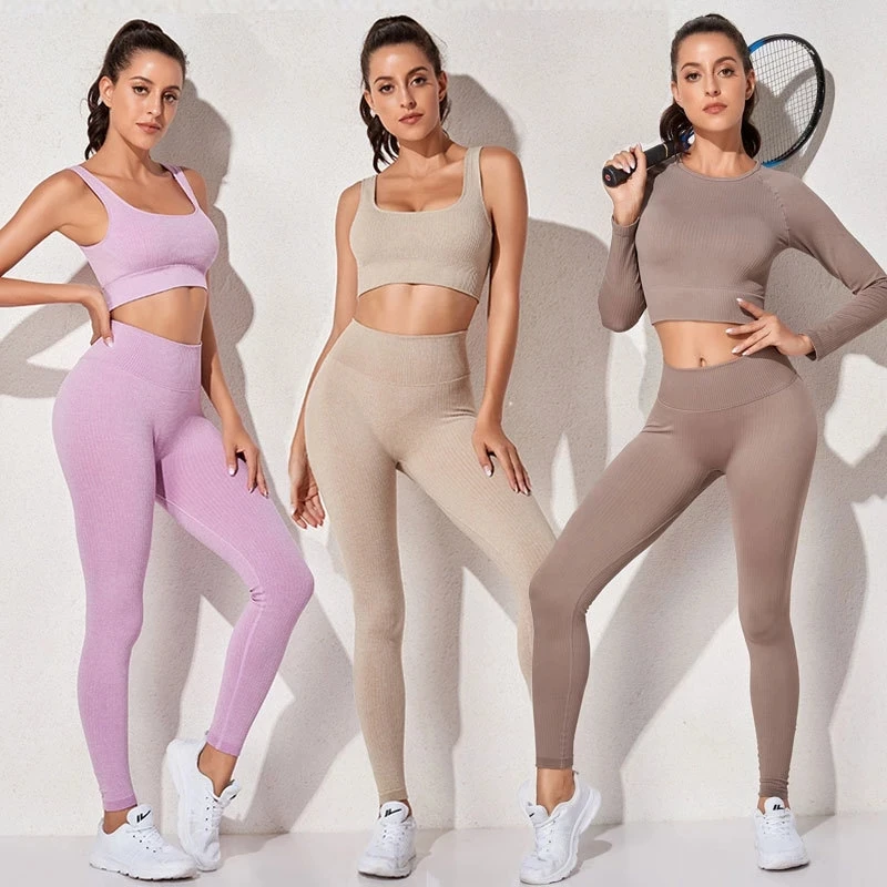 Wholesale 2 Piece Yoga Fitness Gym Clothes Sweat Suit Women Seamless Ribbed Gym Yoga Set