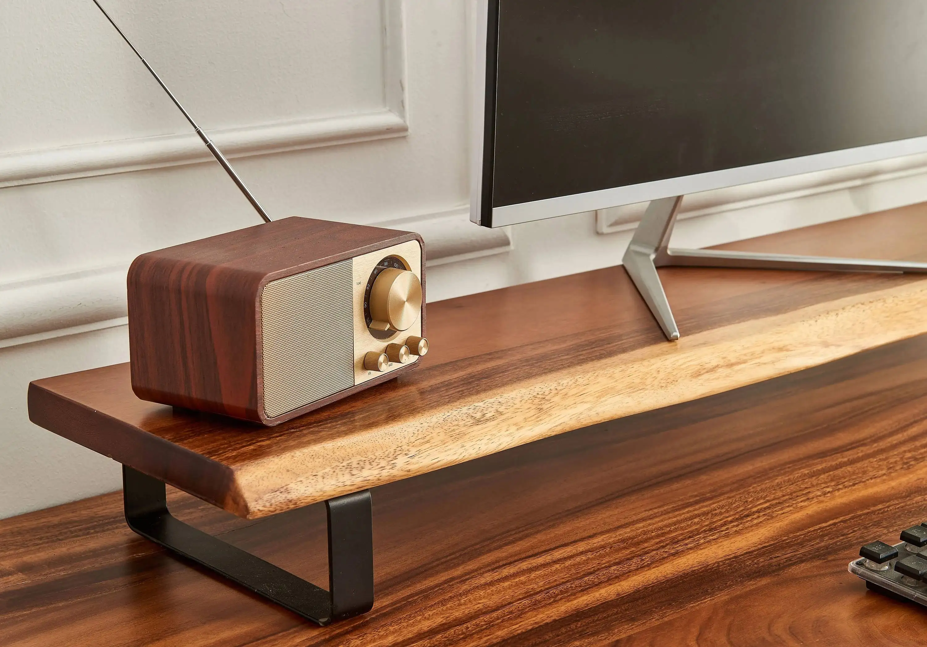 Wood Steel Monitor Stand Riser Solid Wood Engineered Wood Monitor Riser Multi Purpose Desktop Storage Stand for Computer
