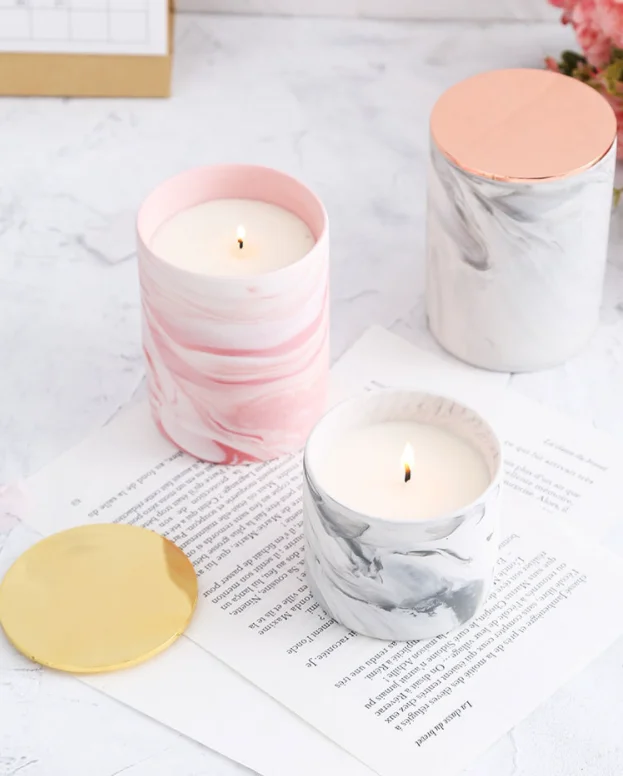High Quality Ceramic Empty DIY Making Kit Marble Pattern Style Container Holder Candle Jar  With Lid