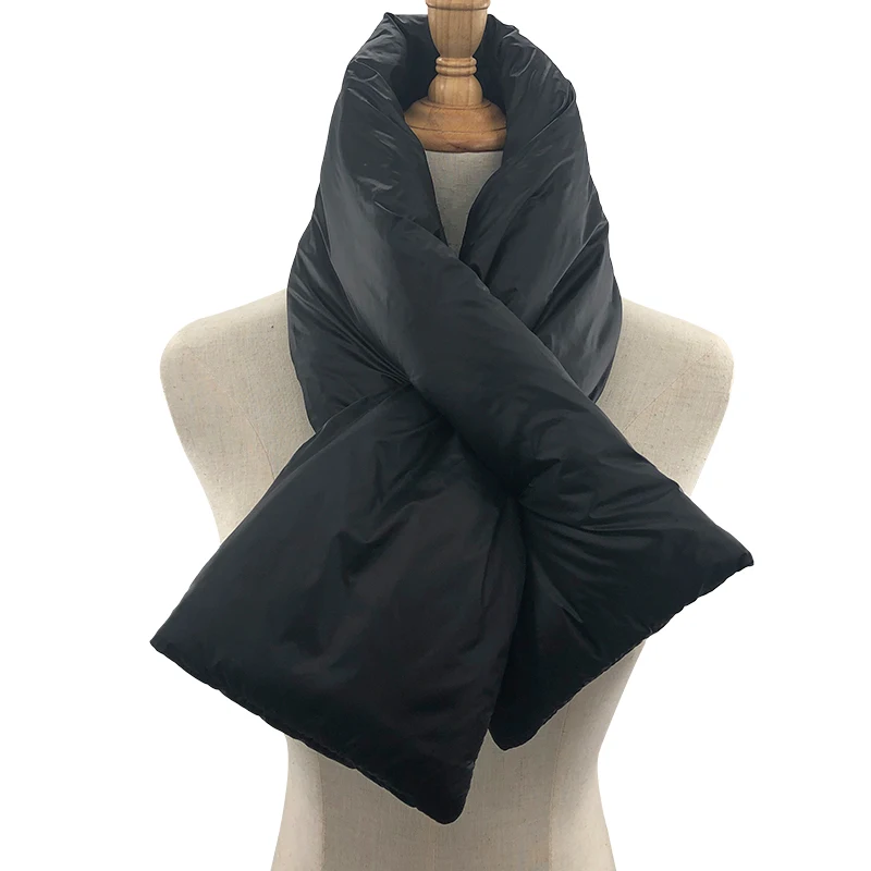 
Wholesale space cotton winter warm scarf inside down feather filled one-tone bright color scarf intersect puffer loop scarf 
