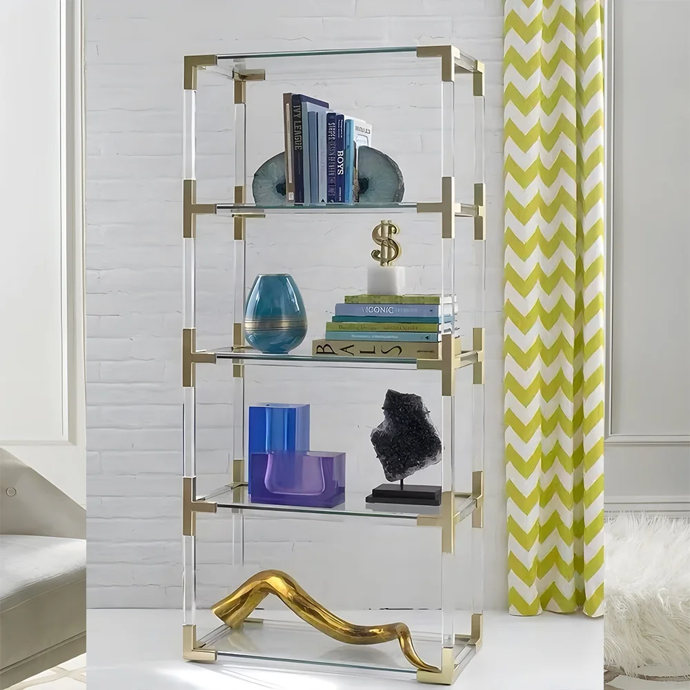 Modern gold transparent bookcases decorative metal ladder nordic modern bookshelf clear acrylic luxury display shelf