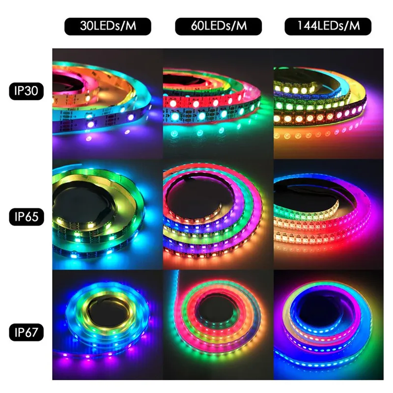 2812 RGB LED Pixels Strip 5050 Built-in WS2812B Smart IC IP30/65/67 Waterproof 30 60 144 LEDs/M Addressable Flexible Light Bar