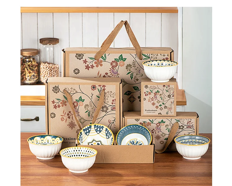 YCB-219 Japanese Ceramic Bowl 4.5inch Ceramic Bowls with Spoons Set Porcelain Rice Bowl Set For Gift OEM LOGO Tableware Set
