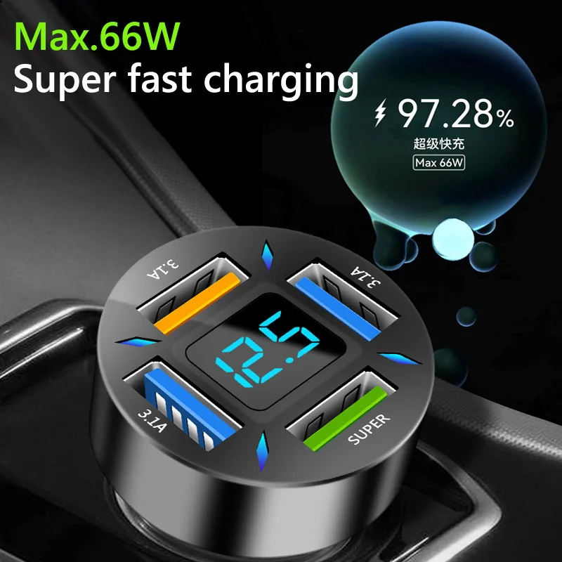66W 4 Ports USB PD Quick Car Charger QC 3.0 Type C Cigarette Lighter 12V USB C Car Charger for Mobile Phone