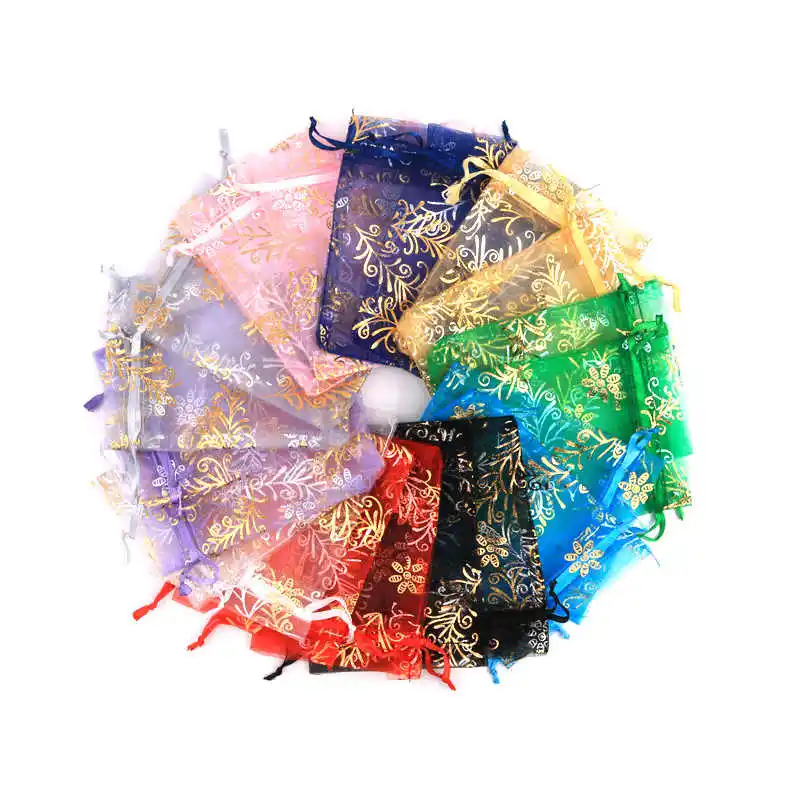 Feather Gold Foil Organza Bag Mesh Pouches 13*18cm In bulk Clear Package