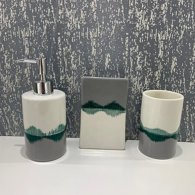 Modern hand-paiting design Landscape reflection ceramic bathroom set 4pcs toilet brush holder, cup, dish and soap dispenser