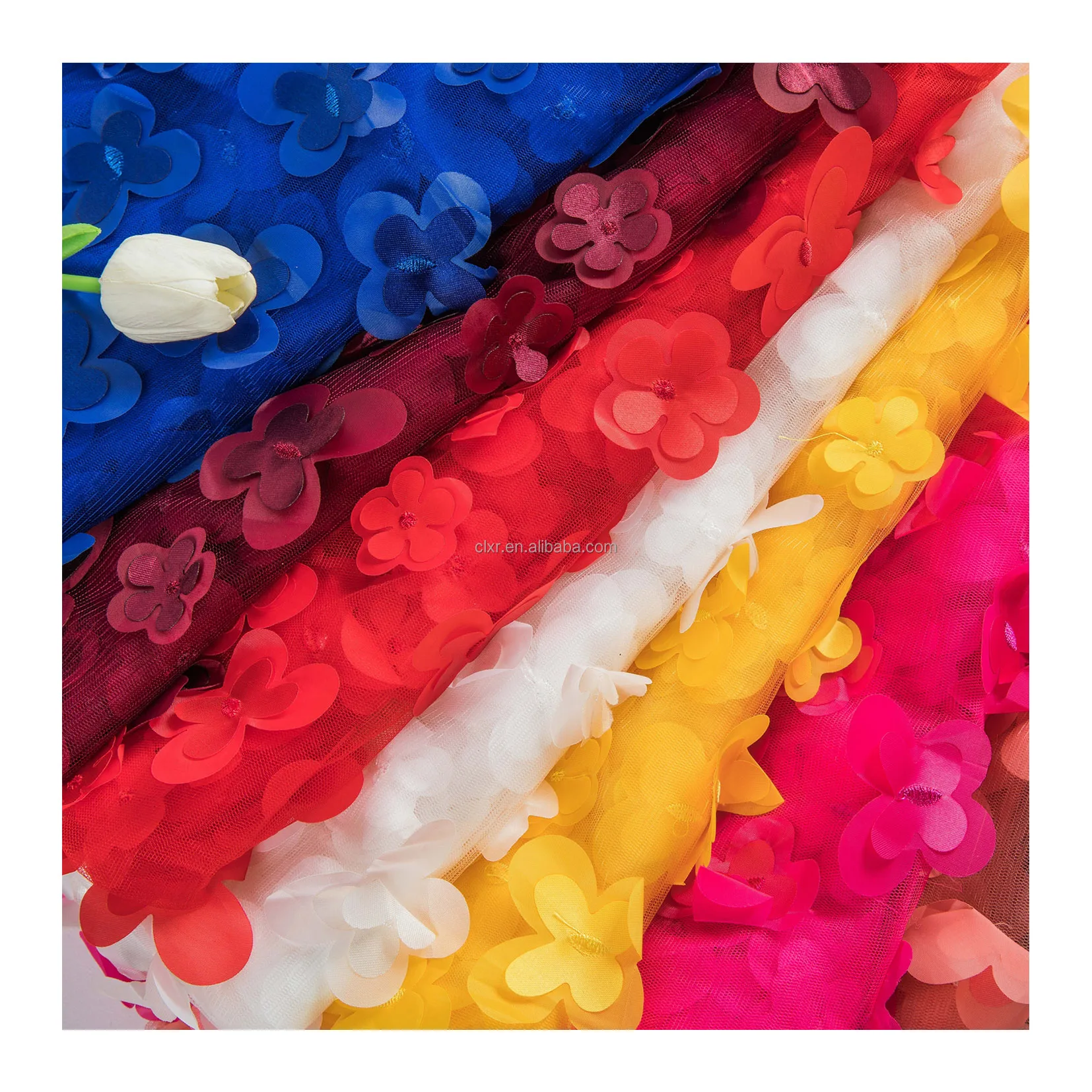 Factory Supply Lace Embroidery Tulle Fabric 3D Floral Polyester Wedding Bridal Mesh Fabric Net Fabric For Dress